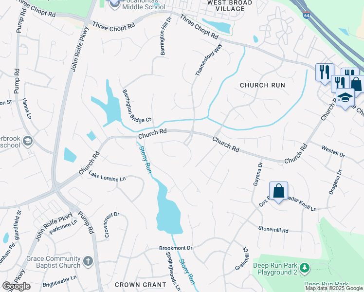map of restaurants, bars, coffee shops, grocery stores, and more near 11501 Bell Tower Court in Richmond