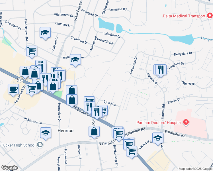 map of restaurants, bars, coffee shops, grocery stores, and more near 2701 Darnell Road in Richmond