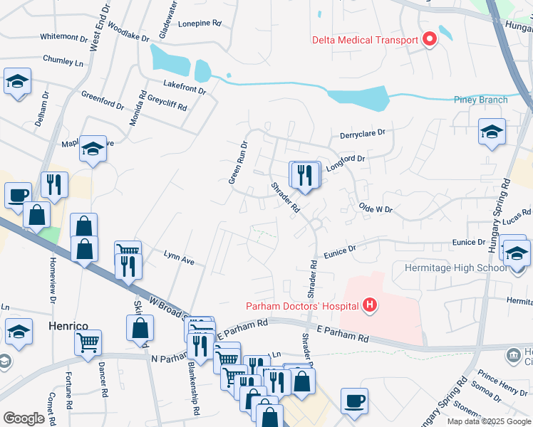 map of restaurants, bars, coffee shops, grocery stores, and more near 4908 Farrell Court in Richmond