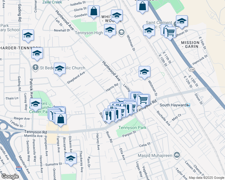 map of restaurants, bars, coffee shops, grocery stores, and more near 363 Harris Road in Hayward