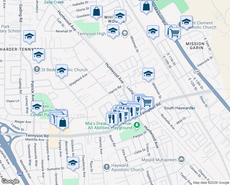 map of restaurants, bars, coffee shops, grocery stores, and more near 363 Harris Road in Hayward