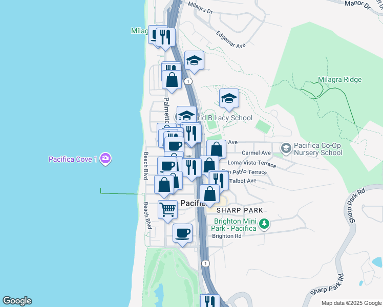 map of restaurants, bars, coffee shops, grocery stores, and more near 1600 Francisco Boulevard in Pacifica