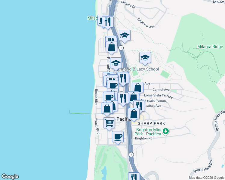 map of restaurants, bars, coffee shops, grocery stores, and more near 129 Paloma Avenue in Pacifica