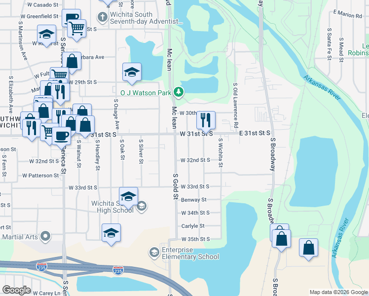 map of restaurants, bars, coffee shops, grocery stores, and more near 3212 South Gold Street in Wichita