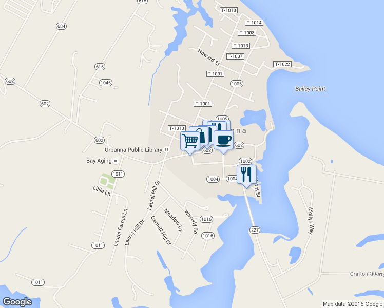 map of restaurants, bars, coffee shops, grocery stores, and more near Virginia Street in Urbanna