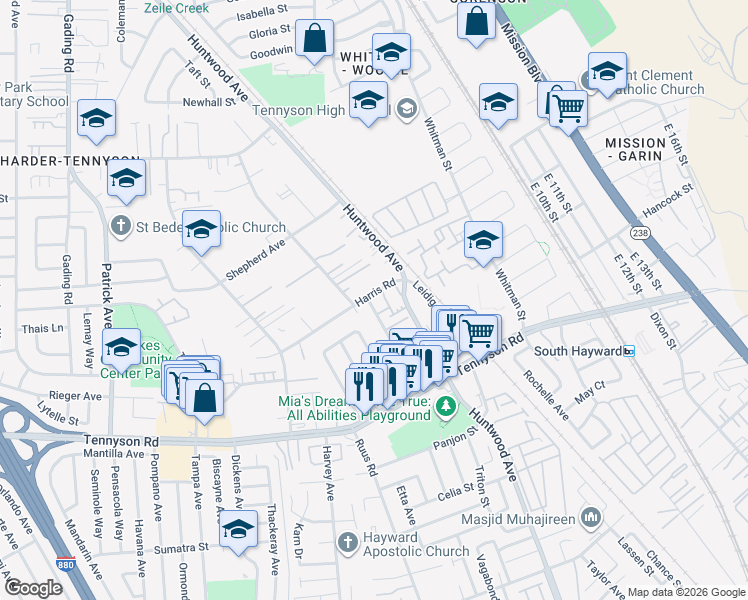 map of restaurants, bars, coffee shops, grocery stores, and more near 363 Harris Road in Hayward