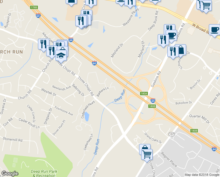 map of restaurants, bars, coffee shops, grocery stores, and more near 2907 Barbara Court in Richmond