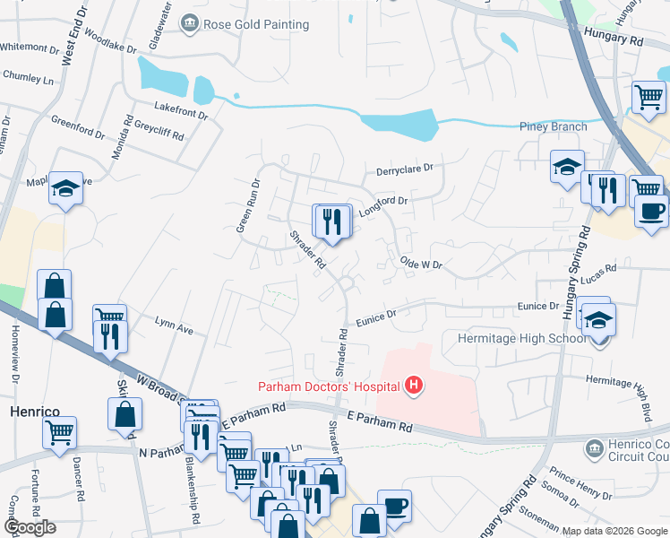map of restaurants, bars, coffee shops, grocery stores, and more near 8422 O'Bannon Court in Richmond