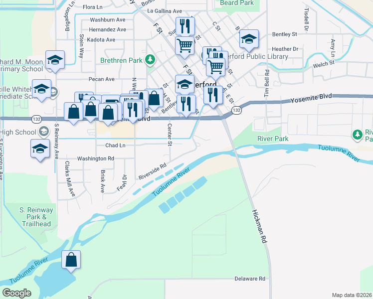 map of restaurants, bars, coffee shops, grocery stores, and more near 219 Riverside Road in Waterford