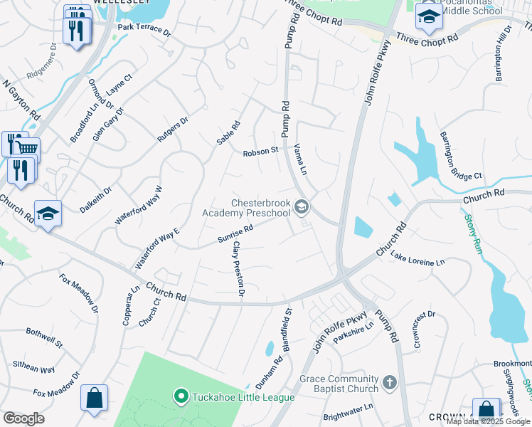 map of restaurants, bars, coffee shops, grocery stores, and more near 11912 Sunrise Road in Richmond
