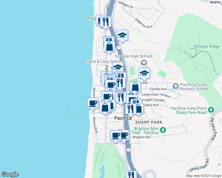 map of restaurants, bars, coffee shops, grocery stores, and more near 129 Paloma Avenue in Pacifica