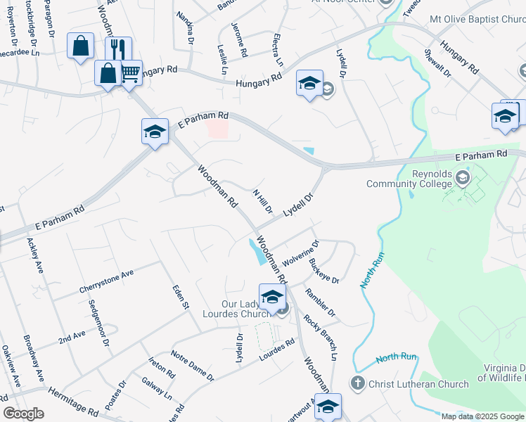 map of restaurants, bars, coffee shops, grocery stores, and more near 8605 North Hill Drive in Richmond
