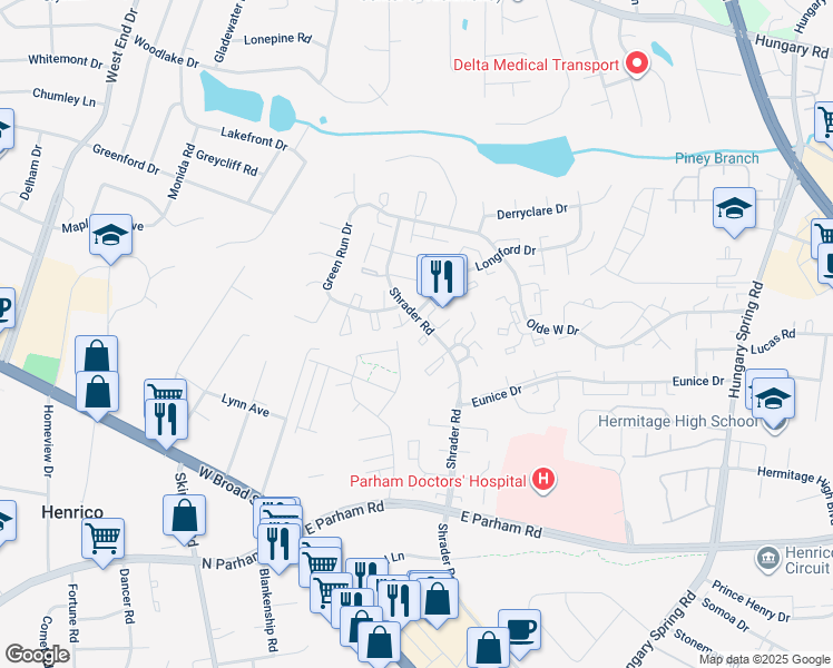 map of restaurants, bars, coffee shops, grocery stores, and more near 8408 Klarey Court in Richmond