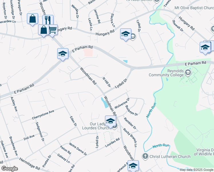 map of restaurants, bars, coffee shops, grocery stores, and more near 8605 North Hill Drive in Richmond