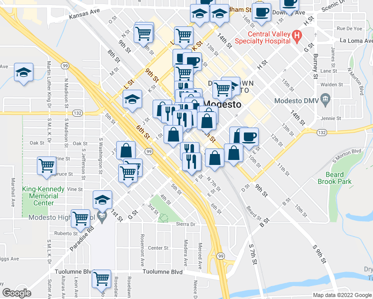 map of restaurants, bars, coffee shops, grocery stores, and more near 720 7th Street in Modesto