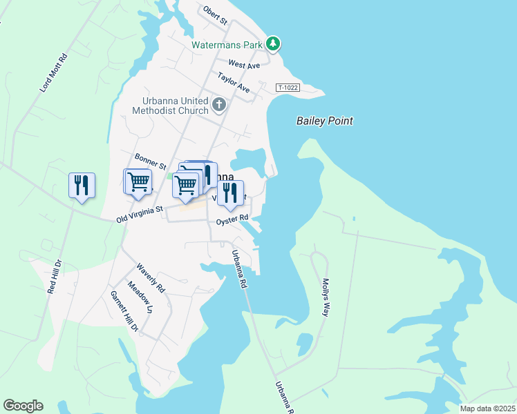 map of restaurants, bars, coffee shops, grocery stores, and more near 26 Oyster Road in Urbanna