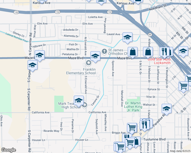 map of restaurants, bars, coffee shops, grocery stores, and more near 900 Byron Lane in Modesto