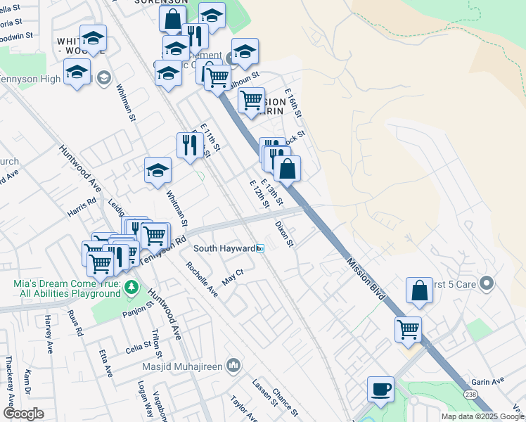 map of restaurants, bars, coffee shops, grocery stores, and more near 34588 East 11th Street in Hayward