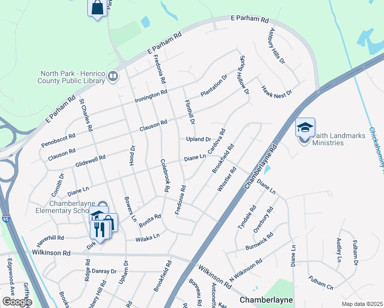 map of restaurants, bars, coffee shops, grocery stores, and more near 514 Diane Lane in Richmond