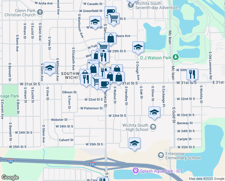 map of restaurants, bars, coffee shops, grocery stores, and more near 3219 South Walnut Street in Wichita