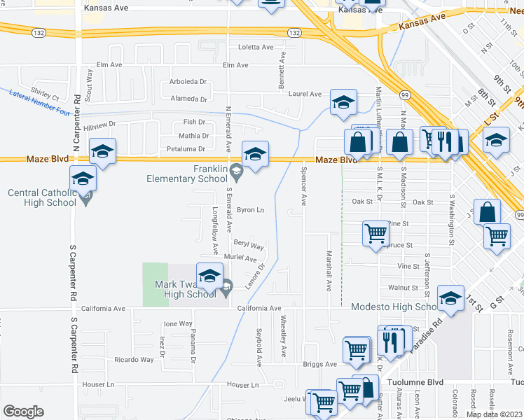 map of restaurants, bars, coffee shops, grocery stores, and more near 910 Byron Lane in Modesto