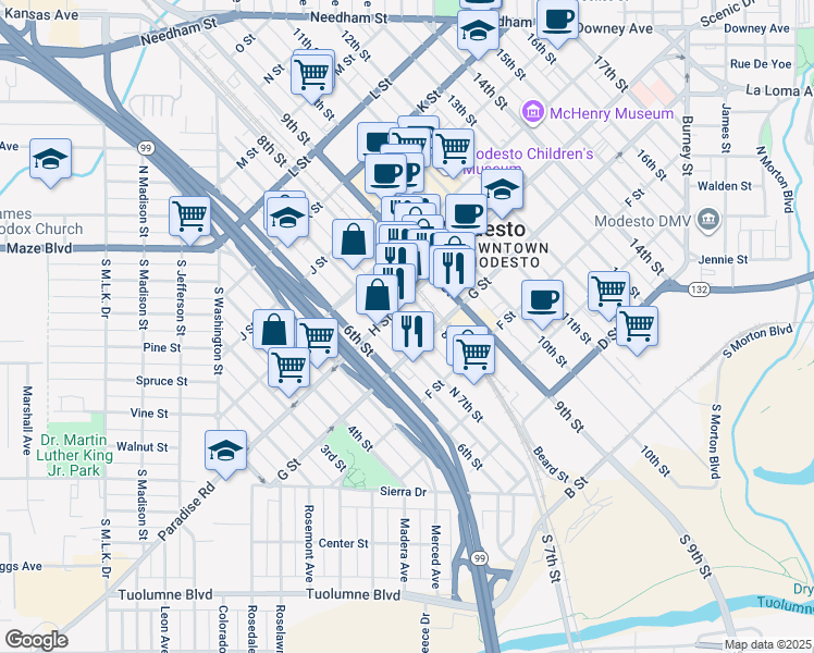 map of restaurants, bars, coffee shops, grocery stores, and more near 700 H Street in Modesto