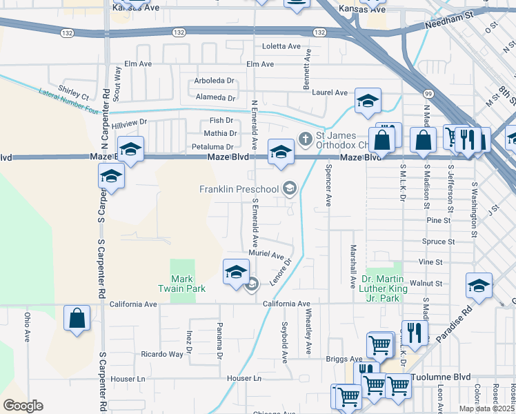 map of restaurants, bars, coffee shops, grocery stores, and more near 1005 Sandburg Avenue in Modesto
