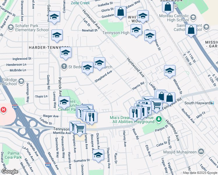 map of restaurants, bars, coffee shops, grocery stores, and more near 620 Shepherd Avenue in Hayward