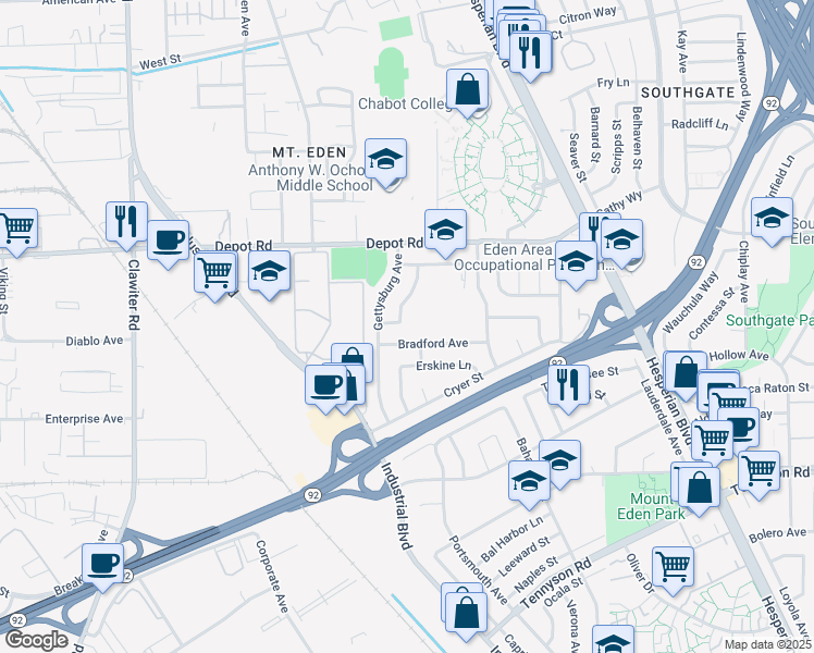 map of restaurants, bars, coffee shops, grocery stores, and more near 25898 Madeline Lane in Hayward