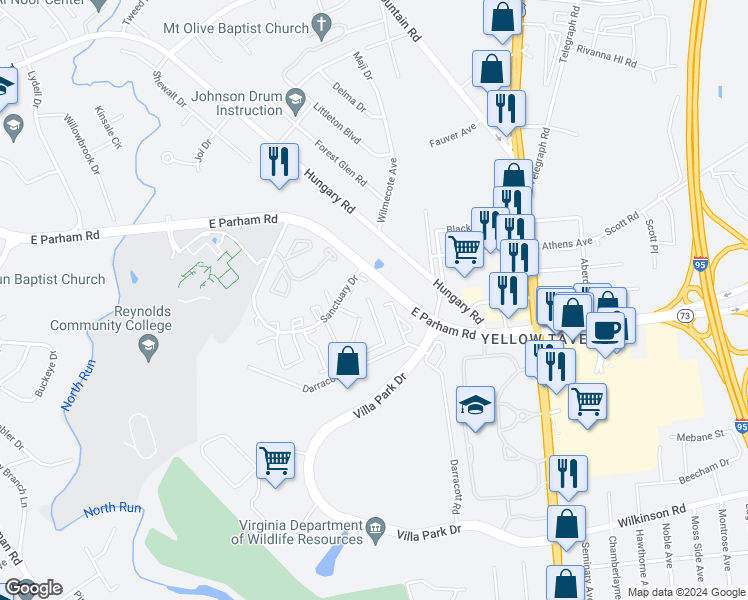 map of restaurants, bars, coffee shops, grocery stores, and more near 1577 Presidential Drive in Richmond