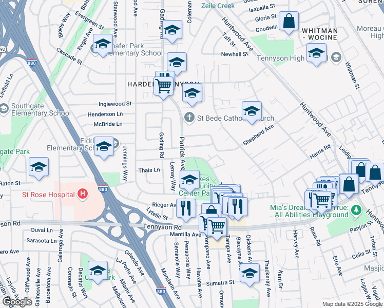 map of restaurants, bars, coffee shops, grocery stores, and more near 1037 Gomer Street in Hayward