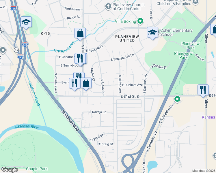 map of restaurants, bars, coffee shops, grocery stores, and more near 3500 E Dunham St in Wichita