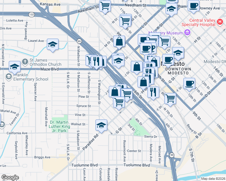 map of restaurants, bars, coffee shops, grocery stores, and more near 923 5th Street in Modesto