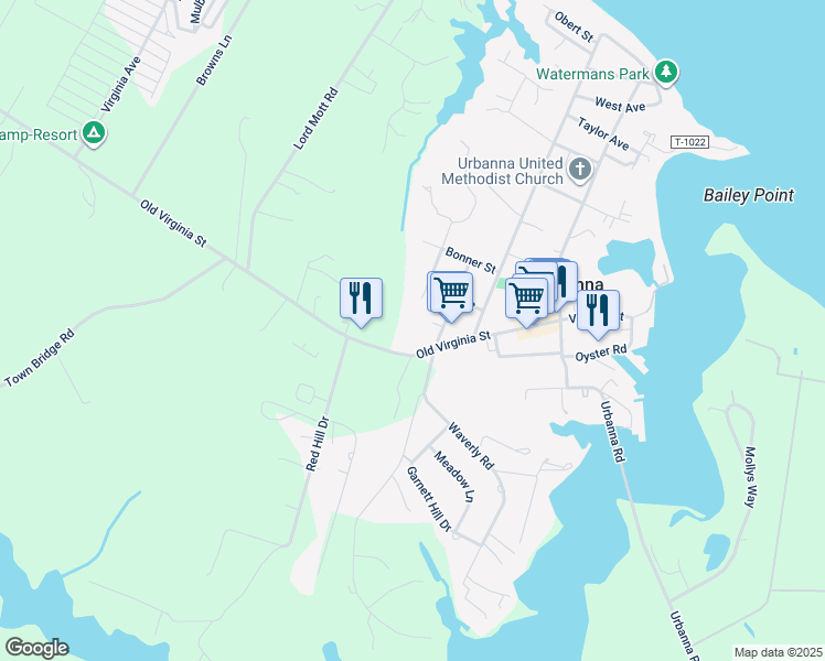 map of restaurants, bars, coffee shops, grocery stores, and more near 371 Virginia Street in Urbanna