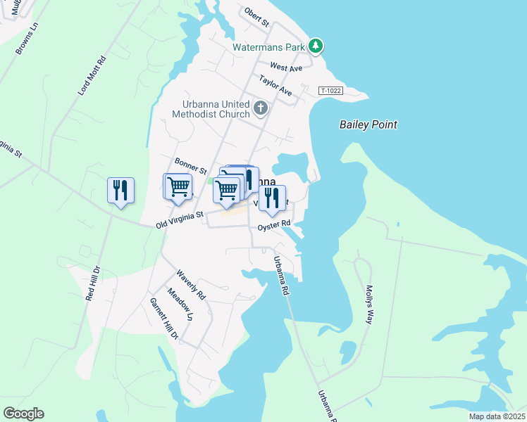map of restaurants, bars, coffee shops, grocery stores, and more near Virginia Street in Urbanna