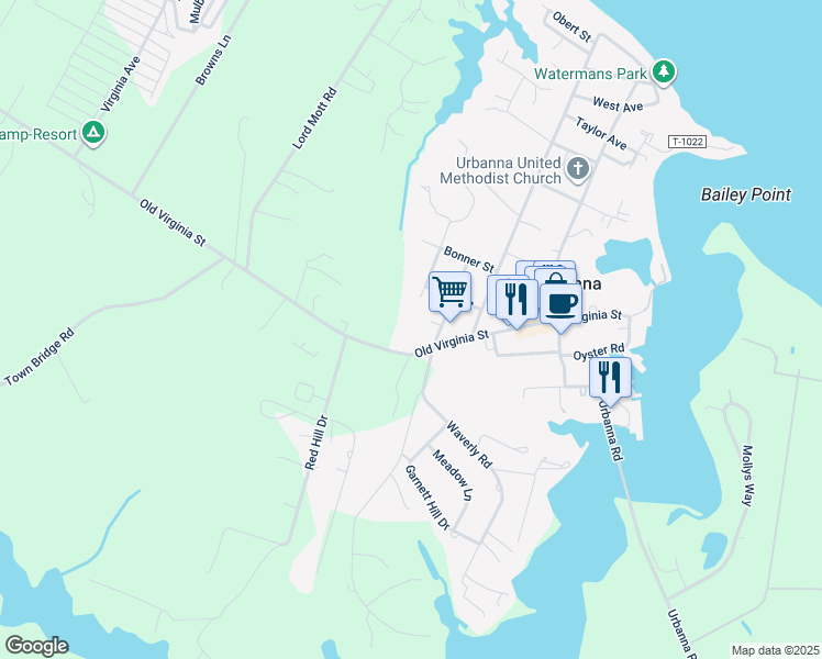 map of restaurants, bars, coffee shops, grocery stores, and more near 371 Virginia Street in Urbanna