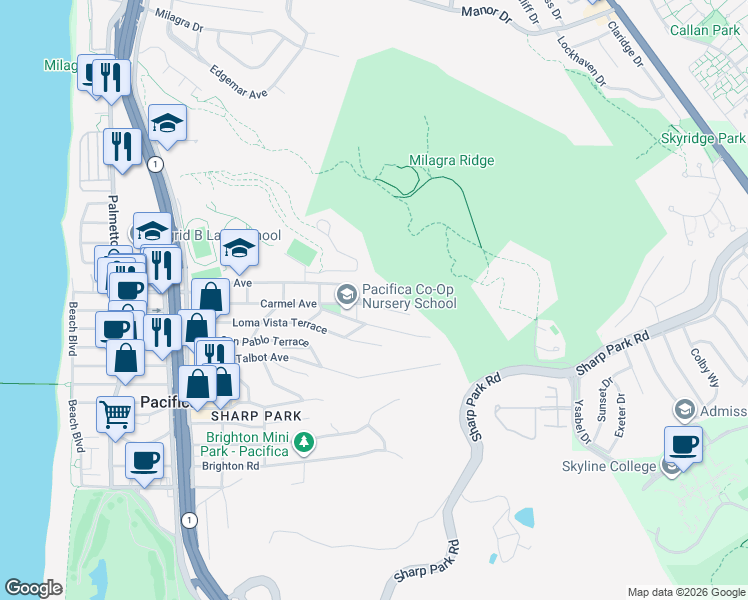 map of restaurants, bars, coffee shops, grocery stores, and more near 621 Carmel Avenue in Pacifica