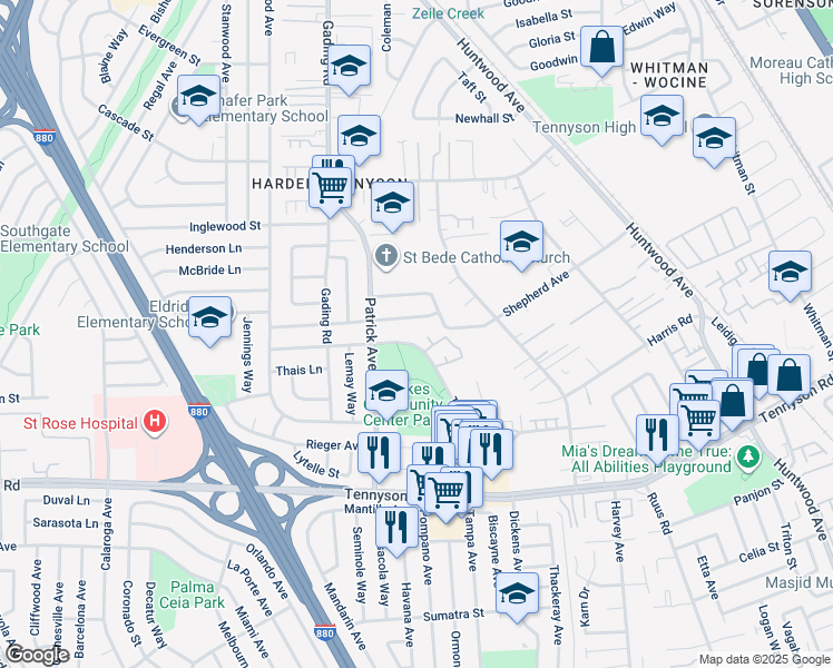 map of restaurants, bars, coffee shops, grocery stores, and more near 27162 Tampa Avenue in Hayward