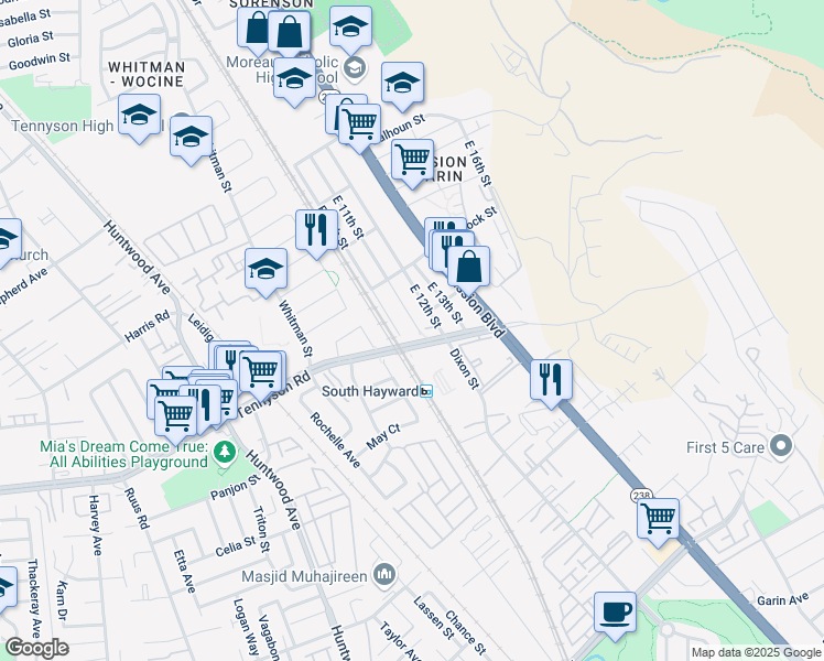 map of restaurants, bars, coffee shops, grocery stores, and more near 28341 East 11th Street in Hayward
