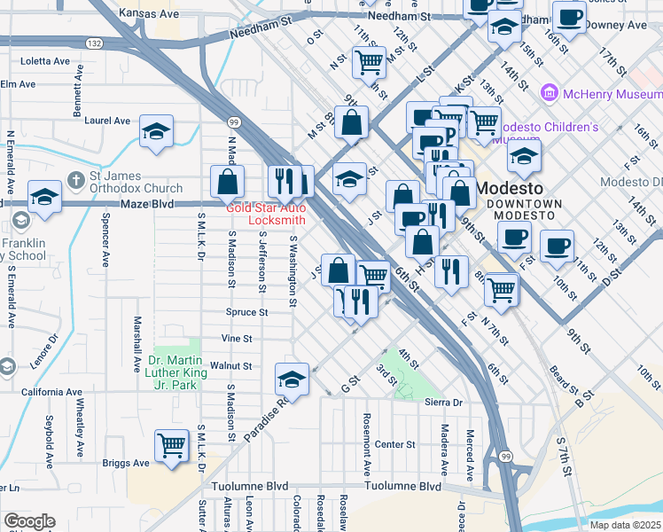 map of restaurants, bars, coffee shops, grocery stores, and more near 408 J Street in Modesto