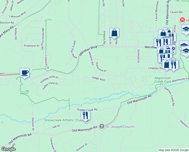 map of restaurants, bars, coffee shops, grocery stores, and more near 216 Ridge Way in Mammoth Lakes