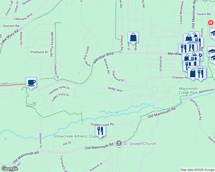 map of restaurants, bars, coffee shops, grocery stores, and more near 216 Ridge Way in Mammoth Lakes