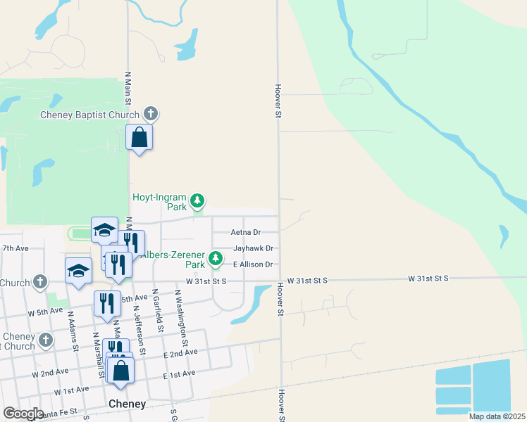 map of restaurants, bars, coffee shops, grocery stores, and more near 640 Shadybrook Drive in Cheney