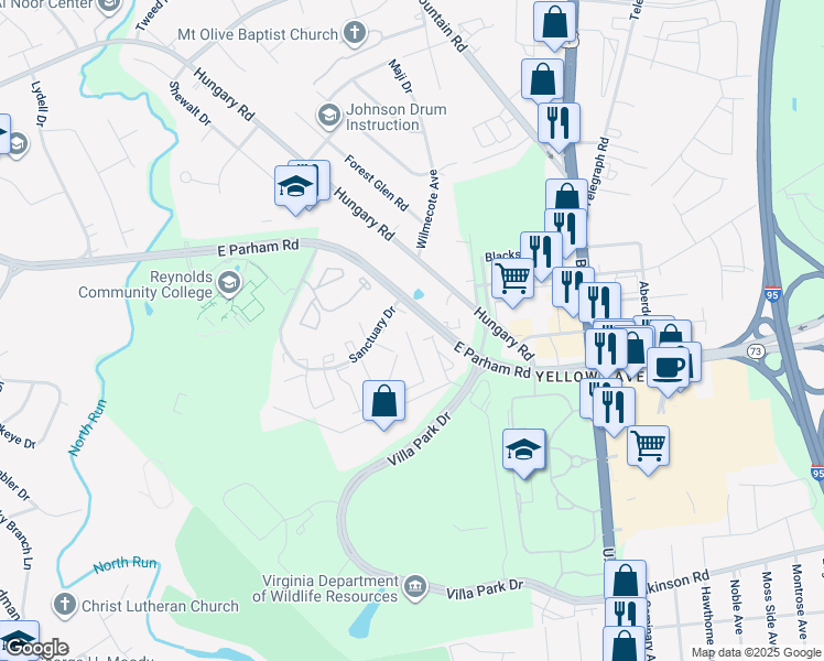 map of restaurants, bars, coffee shops, grocery stores, and more near 1581 Presidential Drive in Richmond
