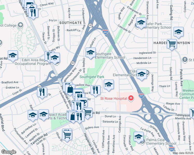 map of restaurants, bars, coffee shops, grocery stores, and more near 1829 Southgate Street in Hayward