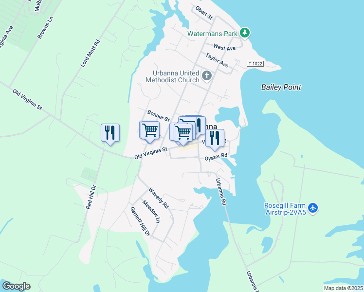 map of restaurants, bars, coffee shops, grocery stores, and more near Virginia Street & Upton Lane in Urbanna