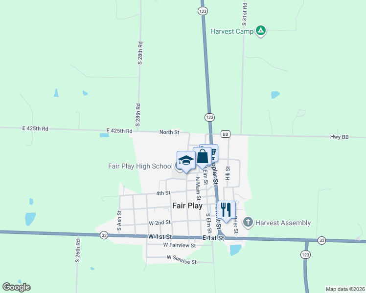 map of restaurants, bars, coffee shops, grocery stores, and more near North Street in Fair Play
