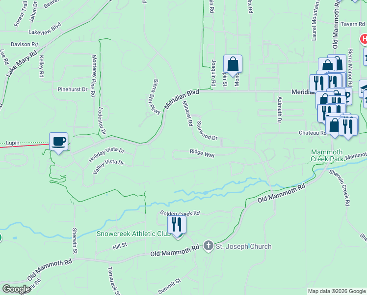 map of restaurants, bars, coffee shops, grocery stores, and more near 300 Ridge Way in Mammoth Lakes