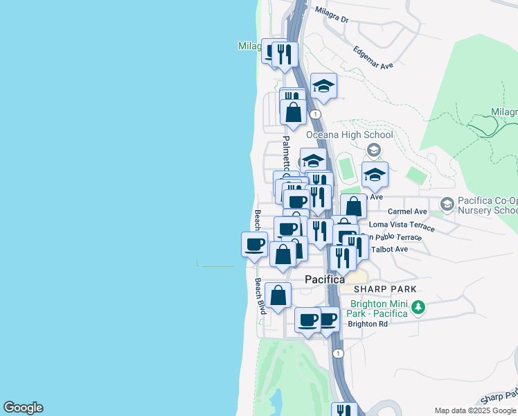 map of restaurants, bars, coffee shops, grocery stores, and more near 1667 Beach Boulevard in Pacifica
