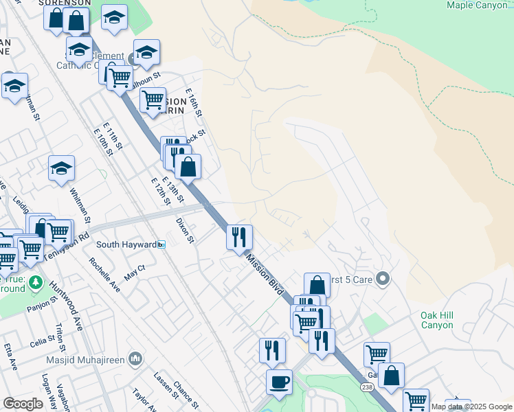 map of restaurants, bars, coffee shops, grocery stores, and more near in Hayward